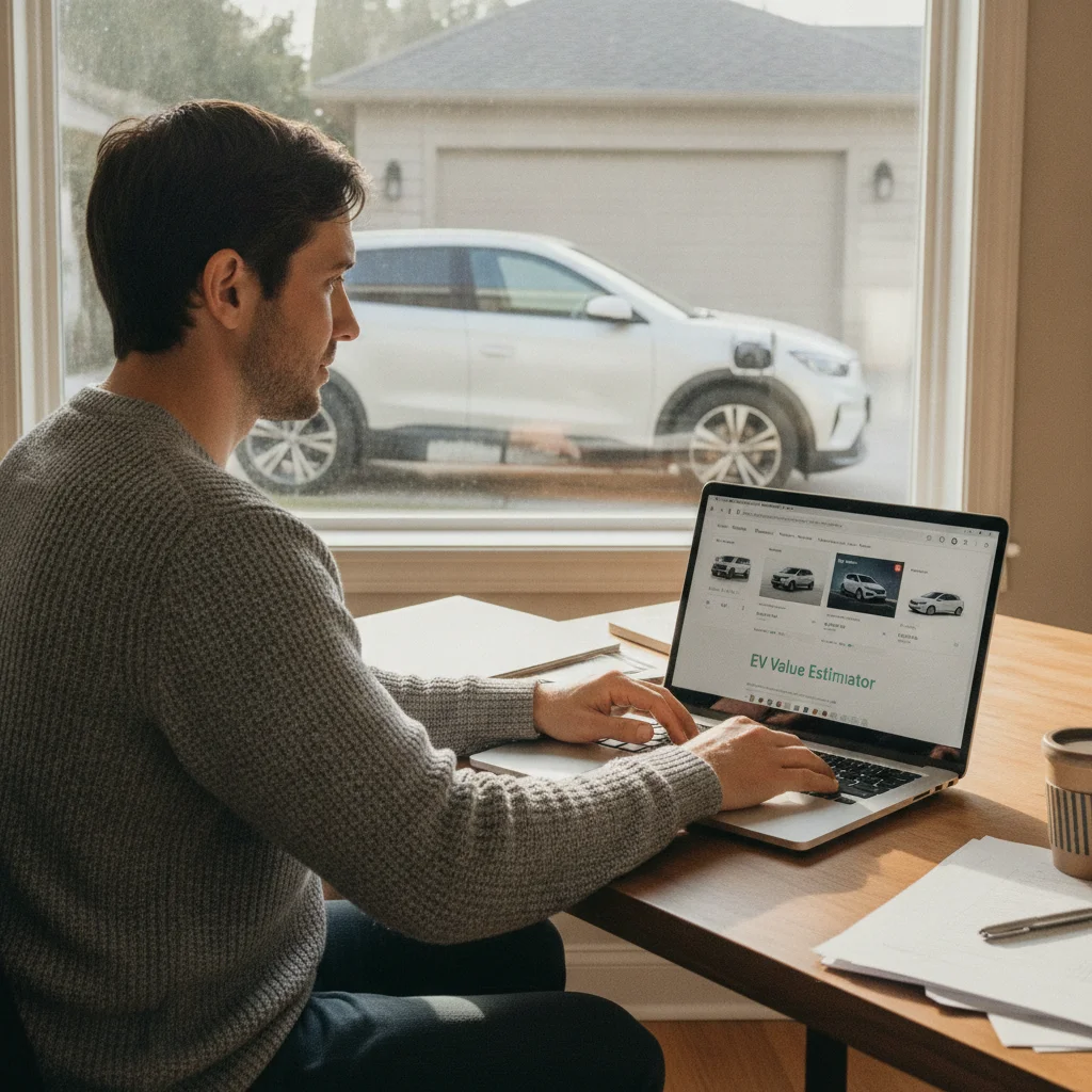 Person researching EV values on a laptop with an electric vehicle visible through window behind them