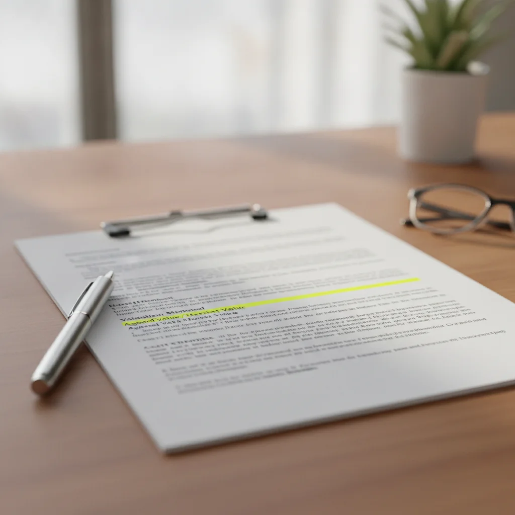Open auto insurance policy document with the valuation method clause highlighted in yellow