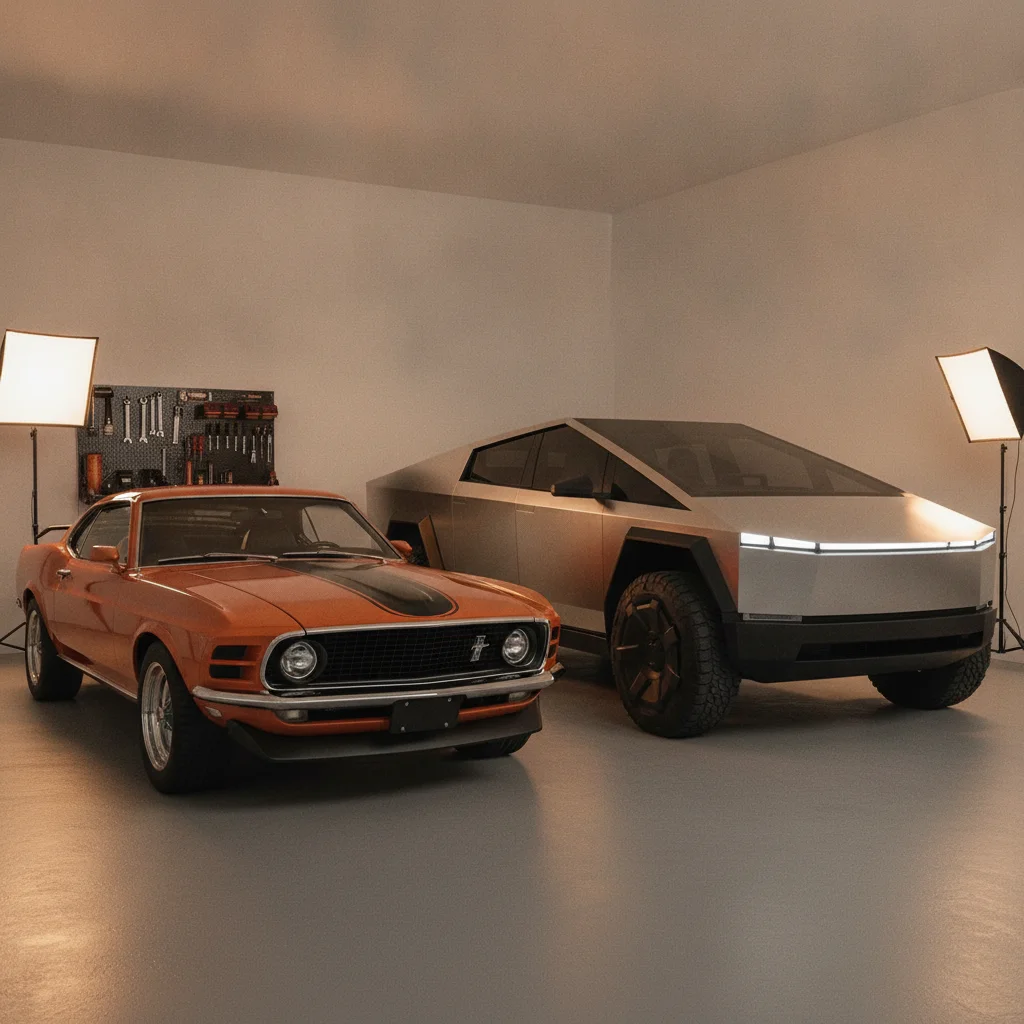 A classic restored muscle car and a modern electric vehicle parked side by side in a garage