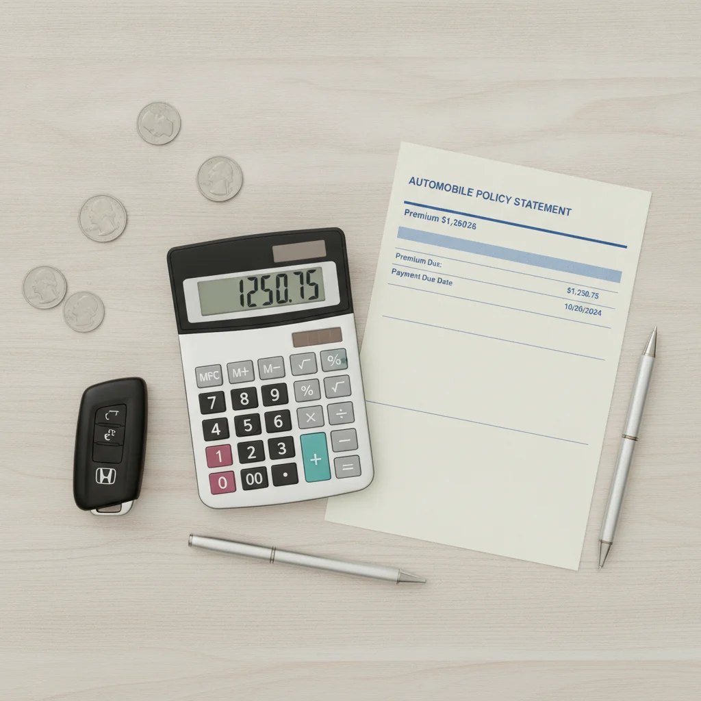 Calculator, insurance invoice, and car key arranged on a desk representing premium cost comparison