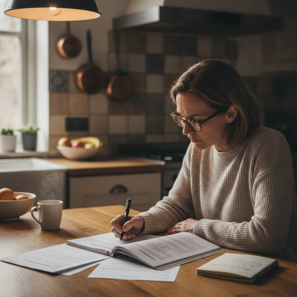 Person carefully reading through an auto insurance policy document at a kitchen table with a pen