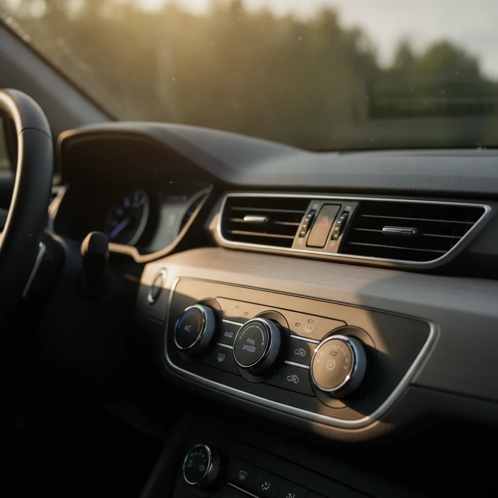 Car dashboard showing air conditioning controls with sunlight streaming through the windshield
