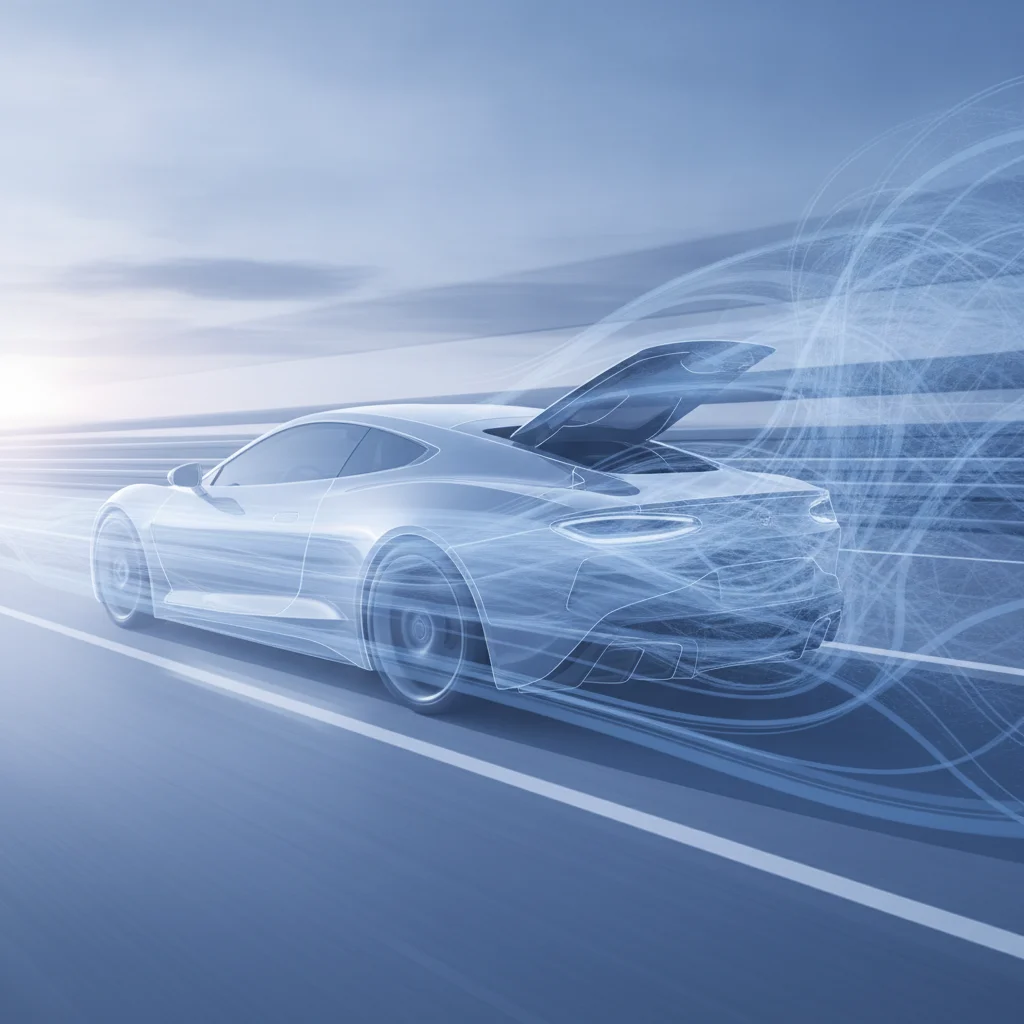 Aerodynamic airflow diagram showing wind disruption around a car with an open window at highway speed