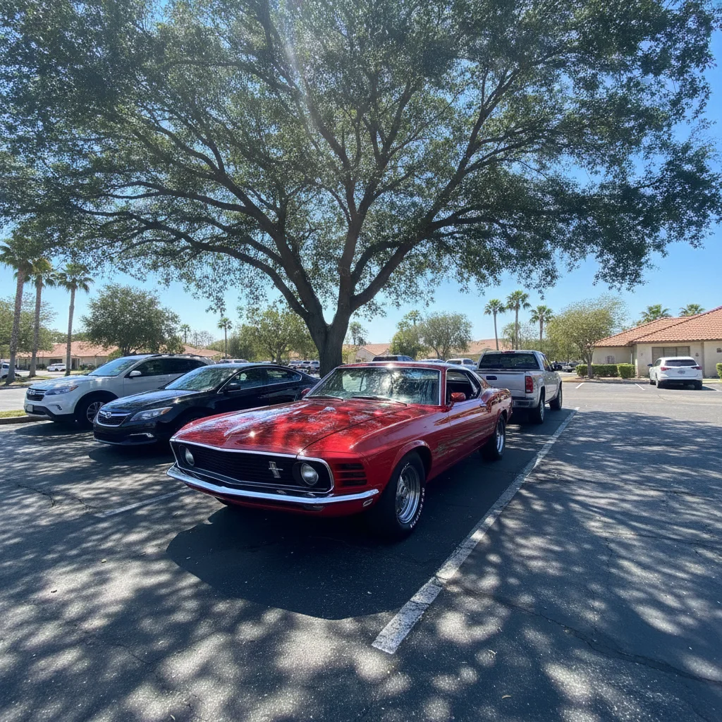 Car parked in shade under a tree on a bright sunny day in a parking lot