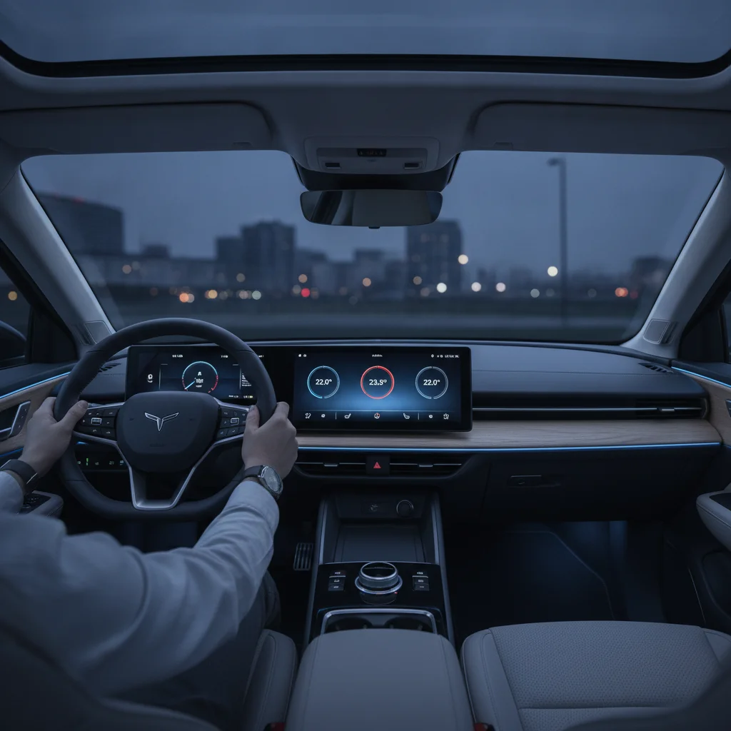 Electric vehicle interior with digital climate control settings visible on central touchscreen display