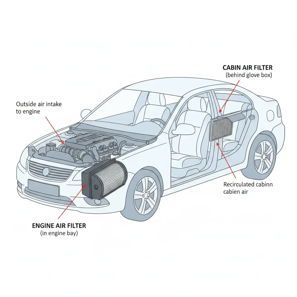 Diagram showing the locations of the cabin air filter and engine air filter inside a car