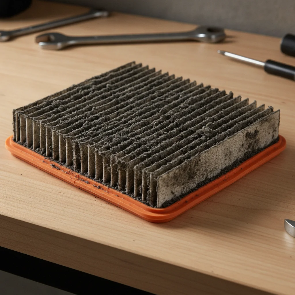Heavily clogged engine air filter with dark gray dust buildup across all visible pleats
