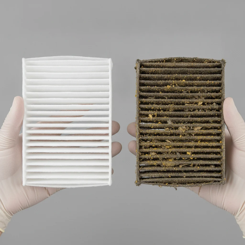 New white cabin air filter placed next to a heavily soiled used cabin air filter showing pollen and dirt