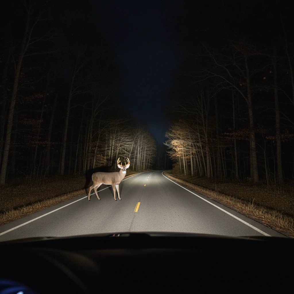 White-tailed deer illuminated by car headlights on a dark rural road at night.