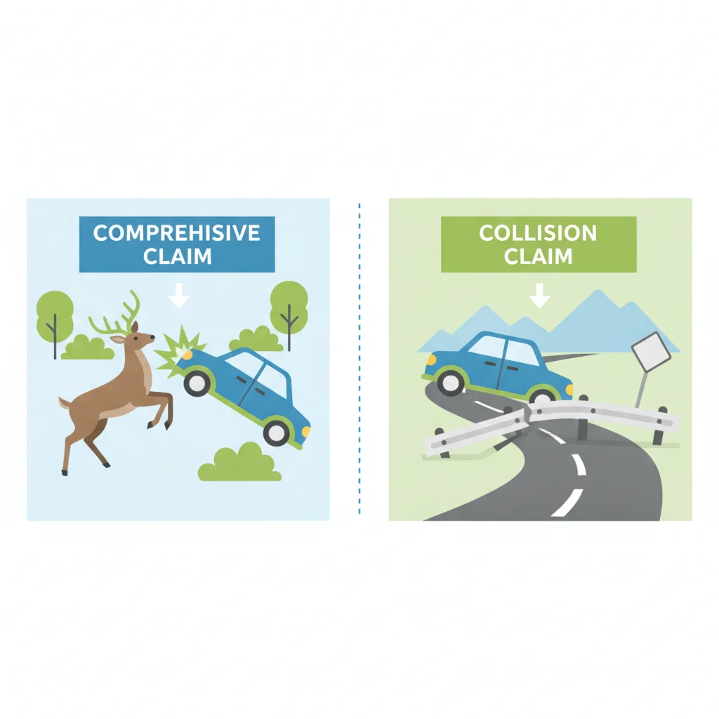 Infographic comparing two scenarios: deer contact as a comprehensive claim versus swerving into a guardrail as a collision claim.