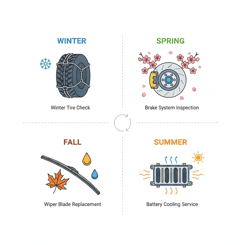 Flat lay of seasonal EV maintenance items organized into four quadrants representing each season