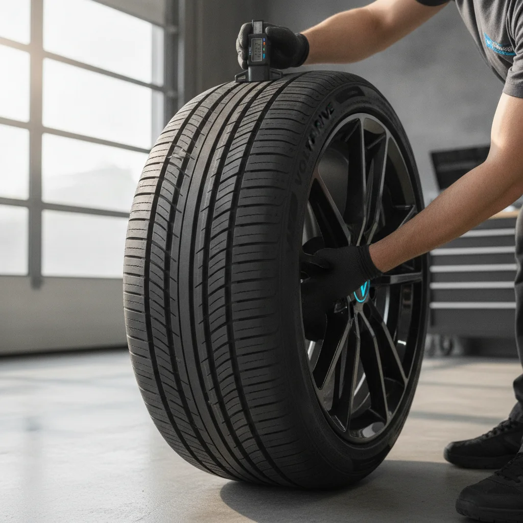 Technician measuring tire tread depth on an electric vehicle tire with a gauge tool