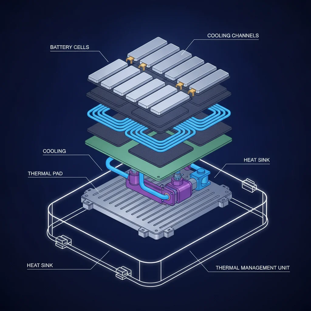 Cutaway illustration of an electric vehicle battery pack showing internal cooling channels and thermal management system