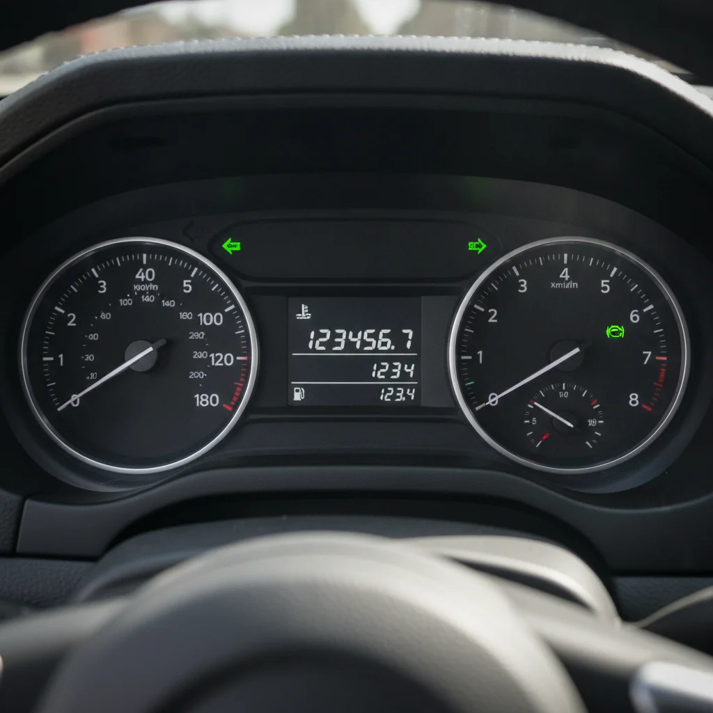 Close-up of a car odometer dashboard showing total mileage reading in warm interior light