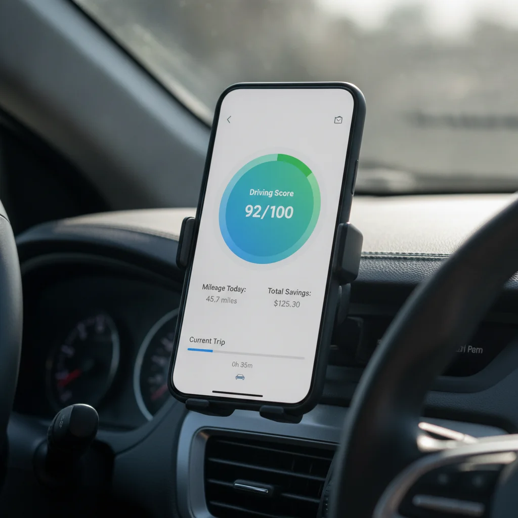 Smartphone mounted on a car dashboard displaying a telematics app with driving score and mileage data