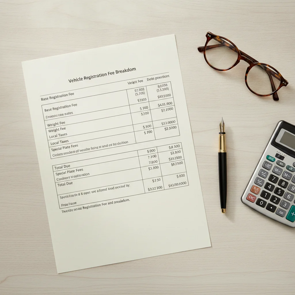 Vehicle registration fee breakdown document on a desk with calculator and glasses