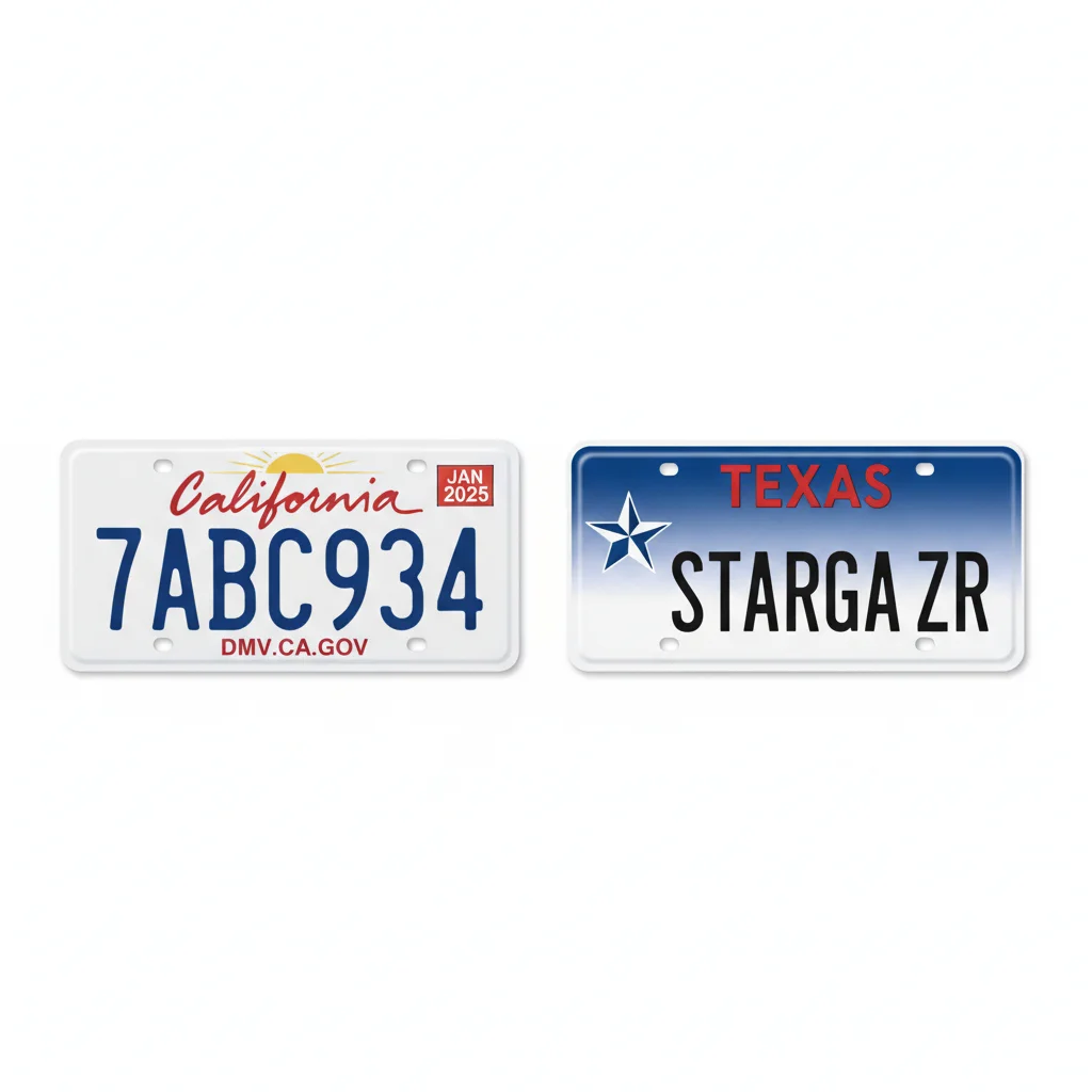 Standard license plate and specialty personalized plate displayed side by side