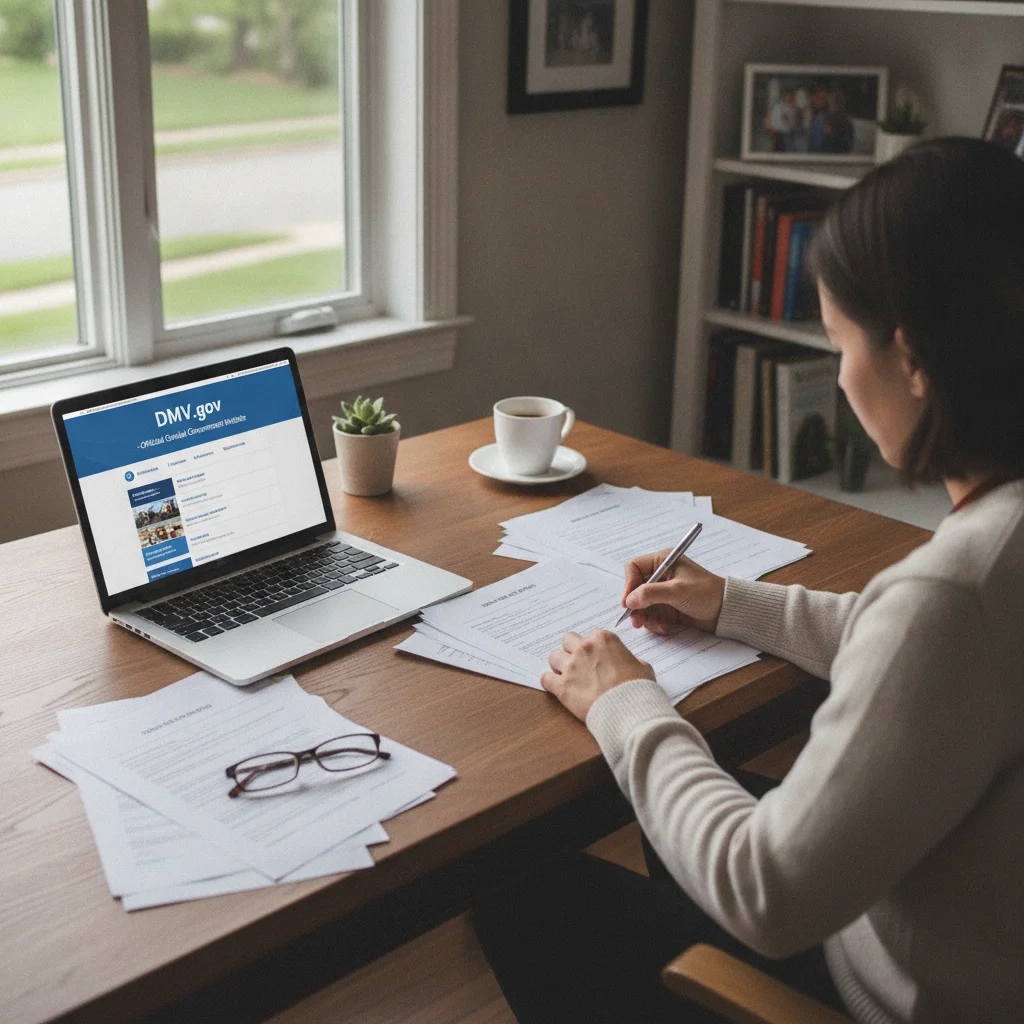 Person reviewing registration documents at a desk with a laptop open to a DMV website