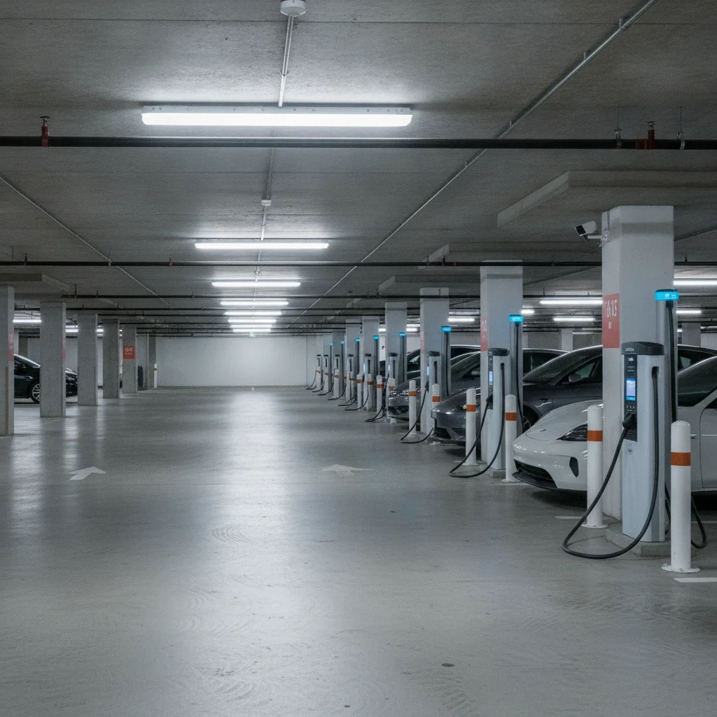 Level 2 EV charging stations inside an apartment building parking garage with vehicles plugged in