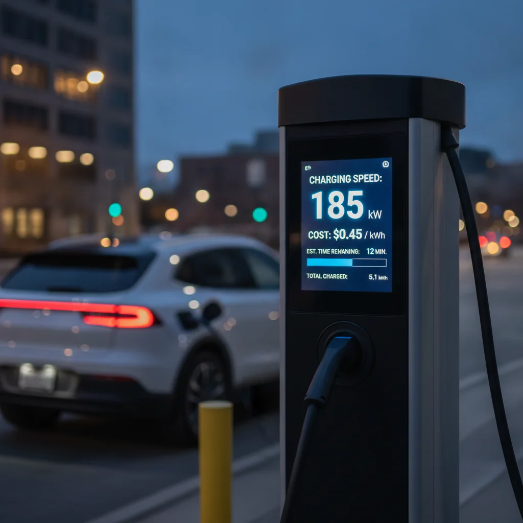 DC fast charger display screen showing charging rate and cost per kilowatt-hour