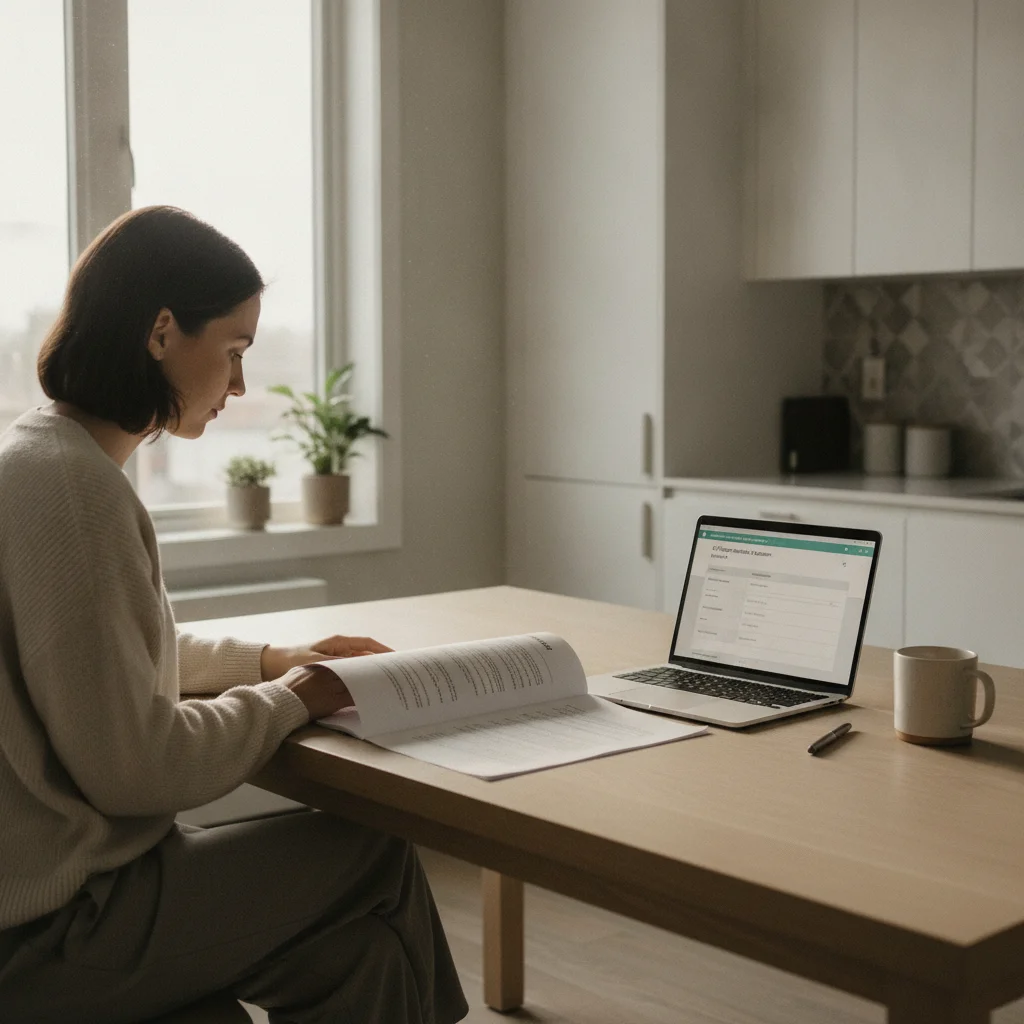 Apartment renter reviewing lease documents and EV charger installation permit on laptop