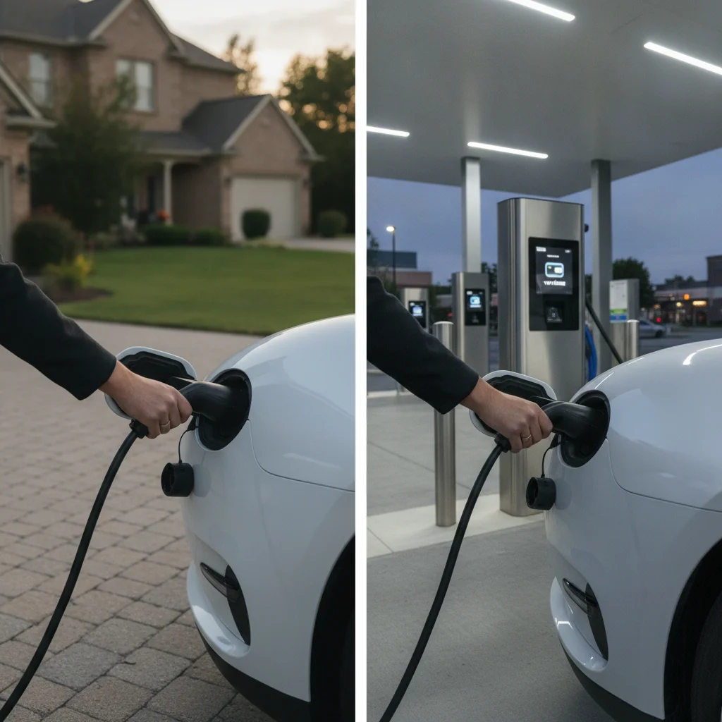 Side-by-side comparison of home EV charging versus public charging station access