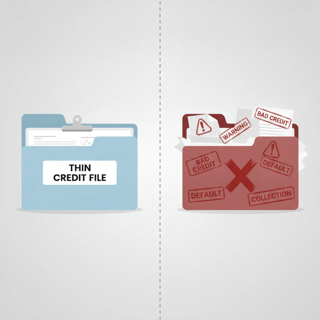 Side-by-side illustration contrasting a thin credit file folder and a bad credit file folder