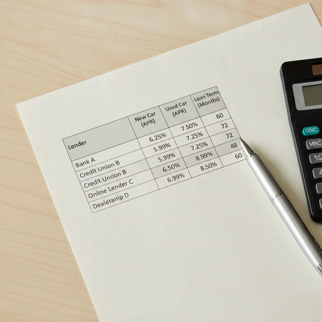 Printed auto loan rate comparison table on a desk with a pen and calculator