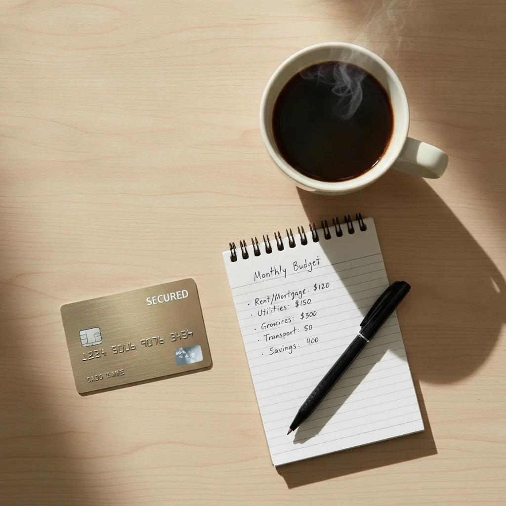 Secured credit card and budget notebook on a desk for credit building