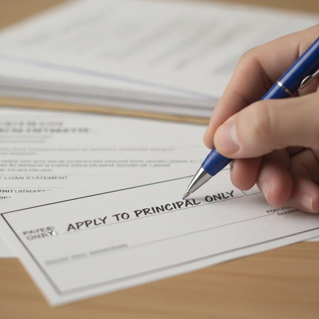 A hand writing 'apply to principal only' on a personal check next to a loan statement.