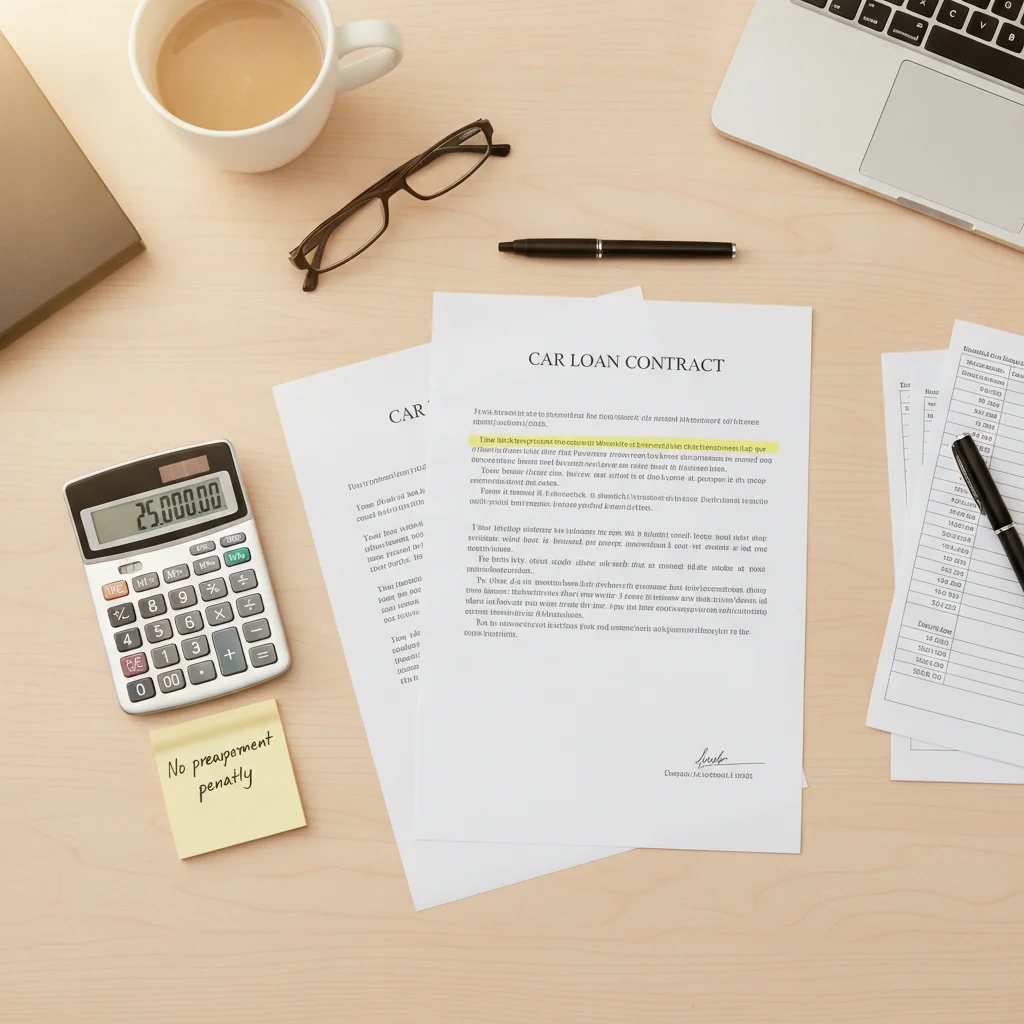 Car loan contract open on a desk with a calculator and a sticky note about prepayment penalties.