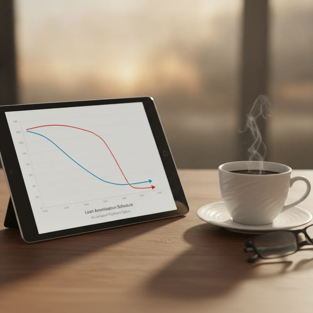 Tablet showing an auto loan amortization graph with a visible drop indicating principal prepayment impact.