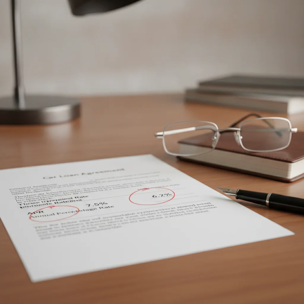 Car loan document with interest rate and APR fields circled in red pen on a desk