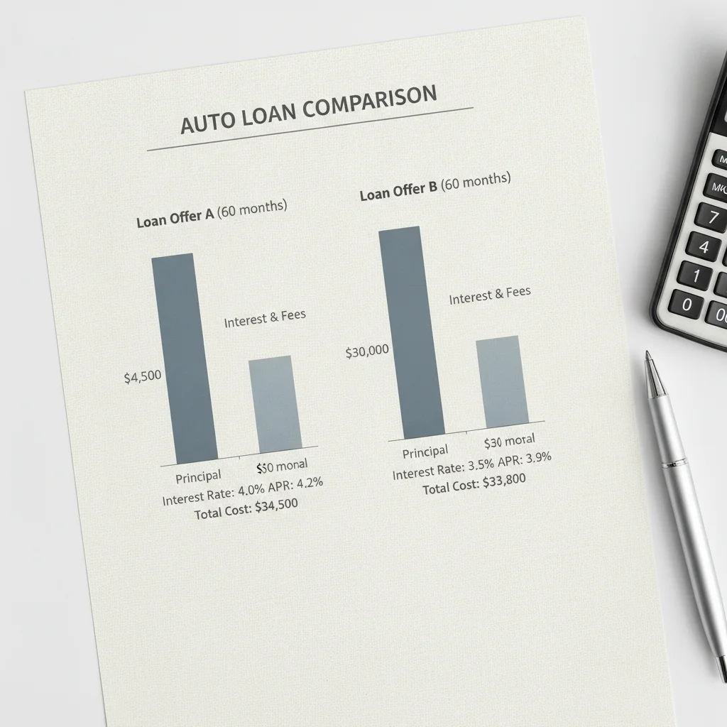 Side-by-side bar charts comparing total costs of two auto loan offers with different APRs