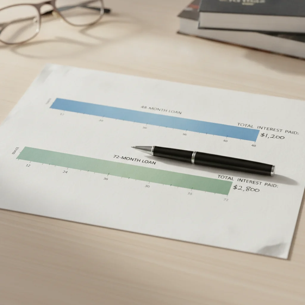 Timeline graphic comparing total interest paid on 48-month versus 72-month auto loans