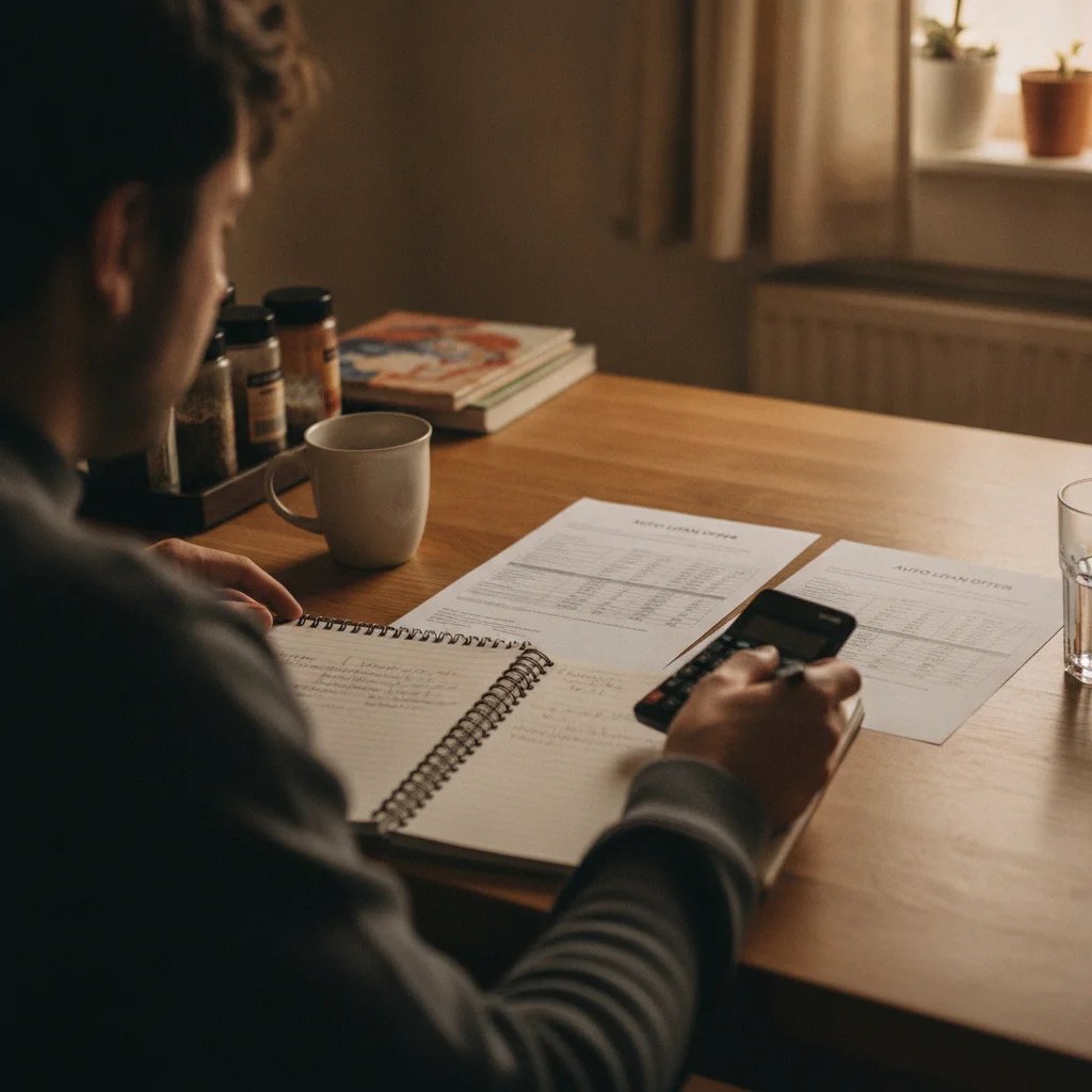 Person comparing two printed auto loan offers at a kitchen table with calculator and notes