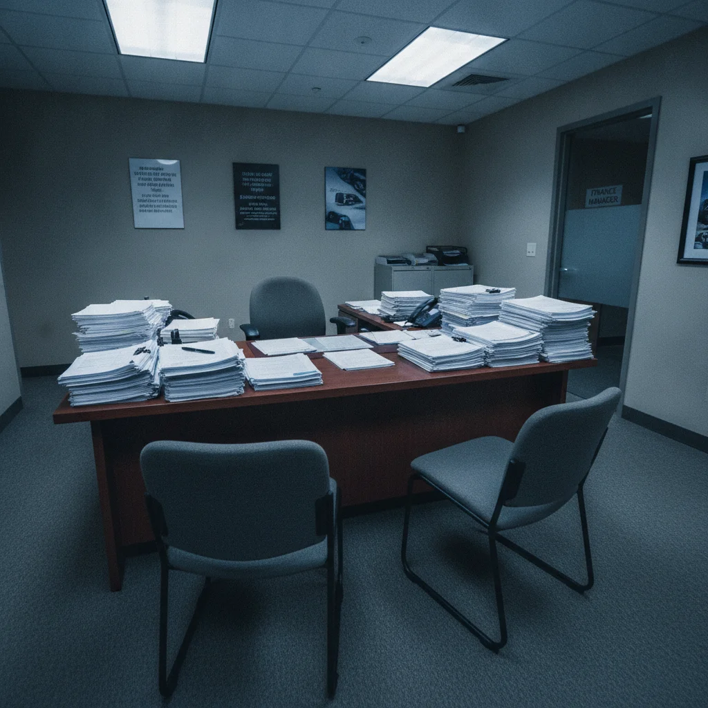 Empty car dealership finance office desk with stacked contract paperwork and a pen ready for signing