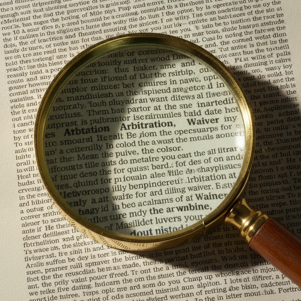 Magnifying glass over fine print in a car contract highlighting arbitration and waiver language