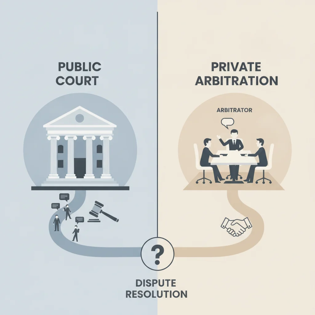 Illustrated split showing courthouse representing public court litigation versus private conference room representing arbitration