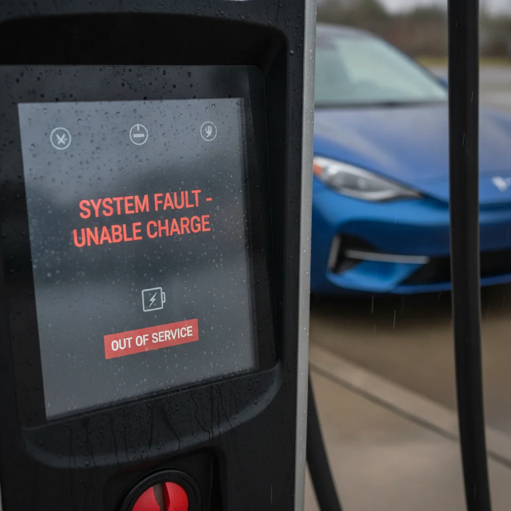 A DC fast charger screen displaying a red error message indicating it is out of service.