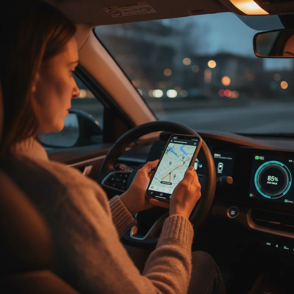 An EV driver reviewing a charging route planning app on a smartphone inside their vehicle.