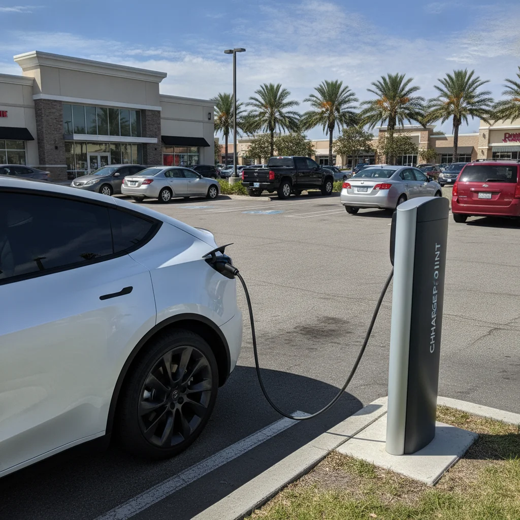 An electric vehicle plugged into a Level 2 charger at a suburban shopping center parking lot.