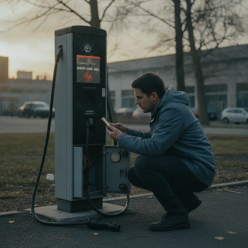 A person using a smartphone to photograph a broken EV charging station error screen for reporting.