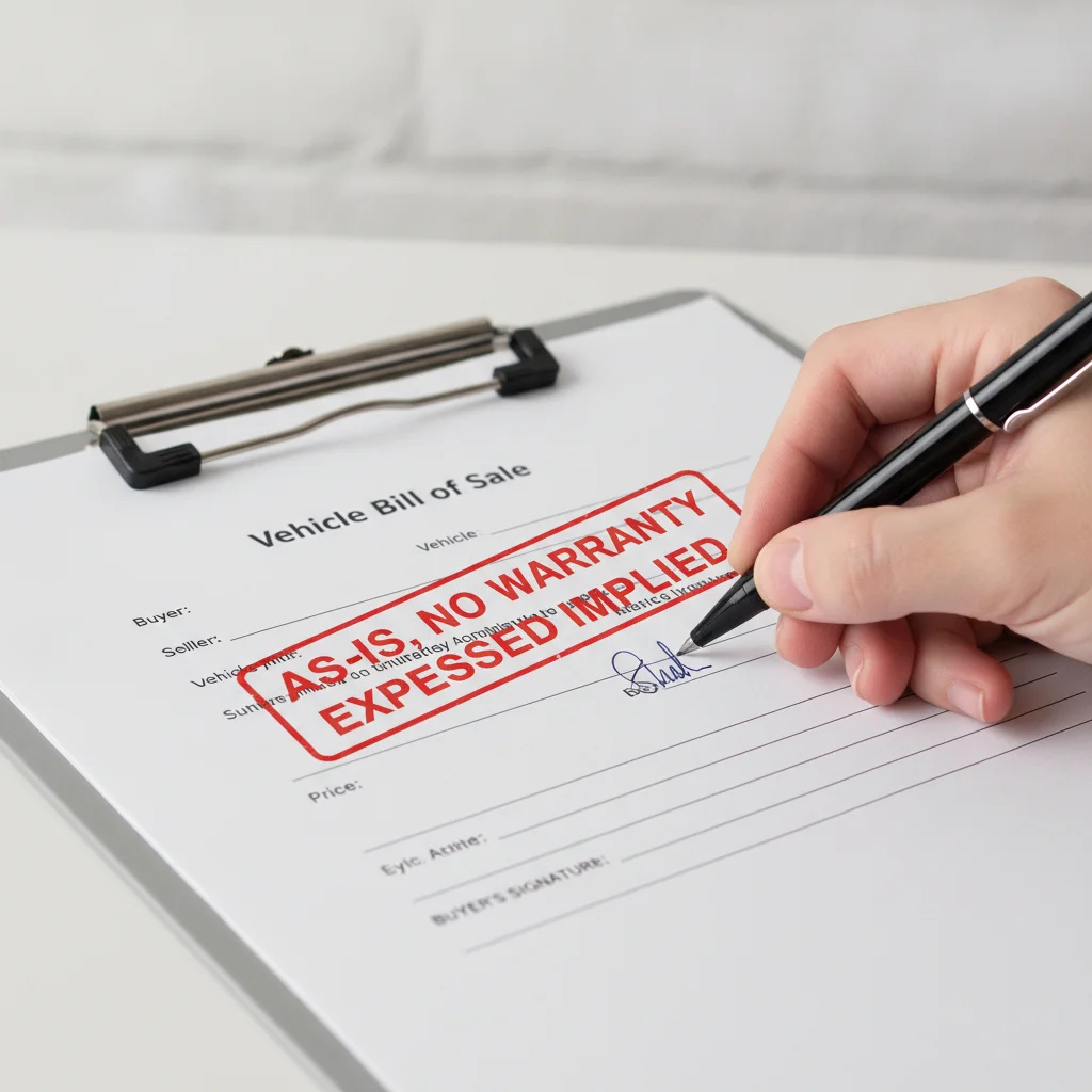 A vehicle bill of sale document stamped 'As-Is' being signed with a pen.