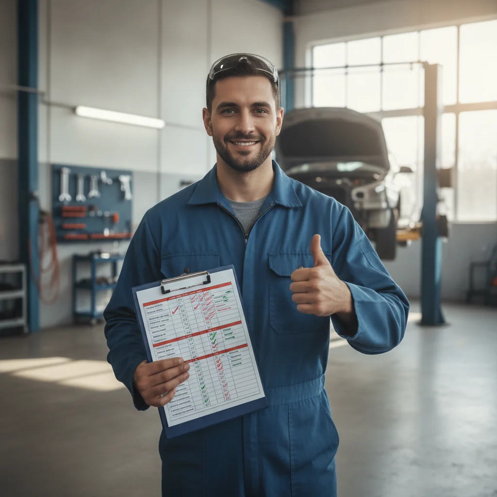 A mechanic holding a completed vehicle inspection checklist on a clipboard in a workshop.