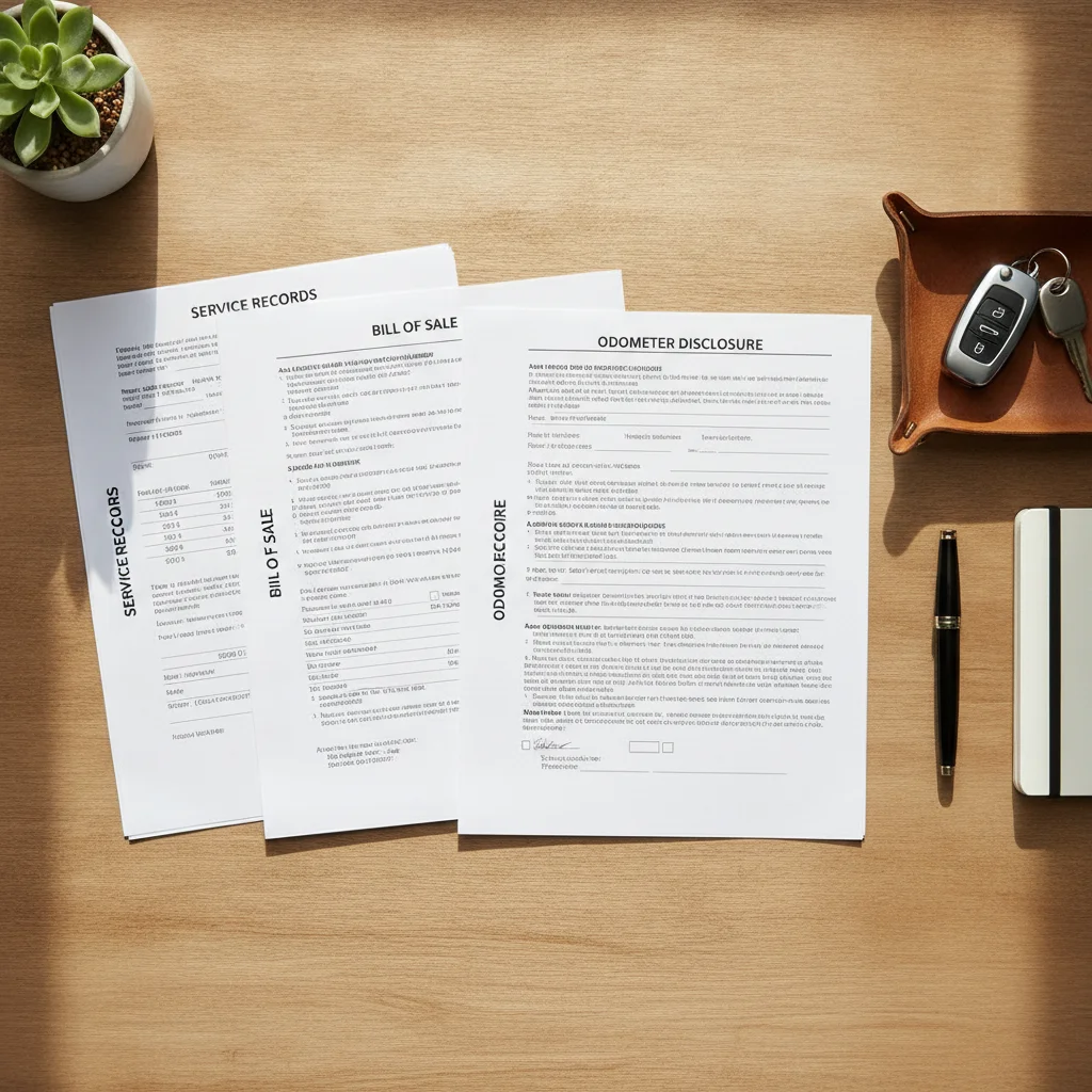 Neatly organized vehicle sale documents including service records and a bill of sale on a desk.