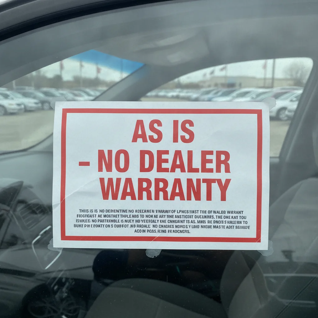 FTC Buyers Guide window sticker on a used car showing AS IS no dealer warranty
