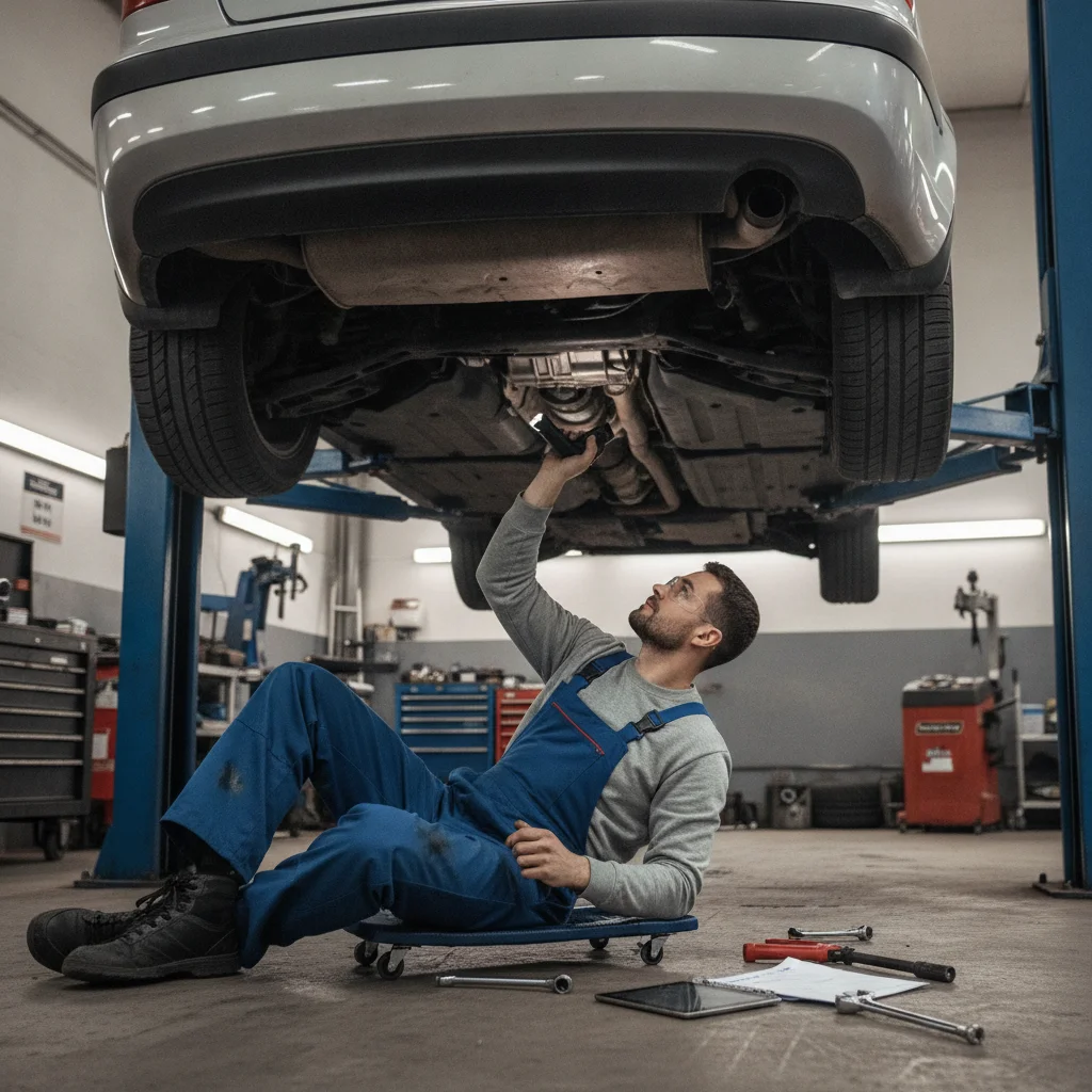Independent mechanic performing a pre-purchase inspection of a used car on a garage lift