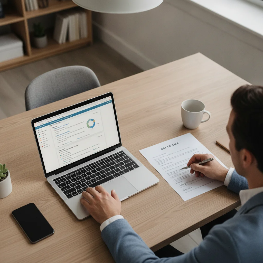 Person reviewing a vehicle history report and bill of sale documents before a used car purchase