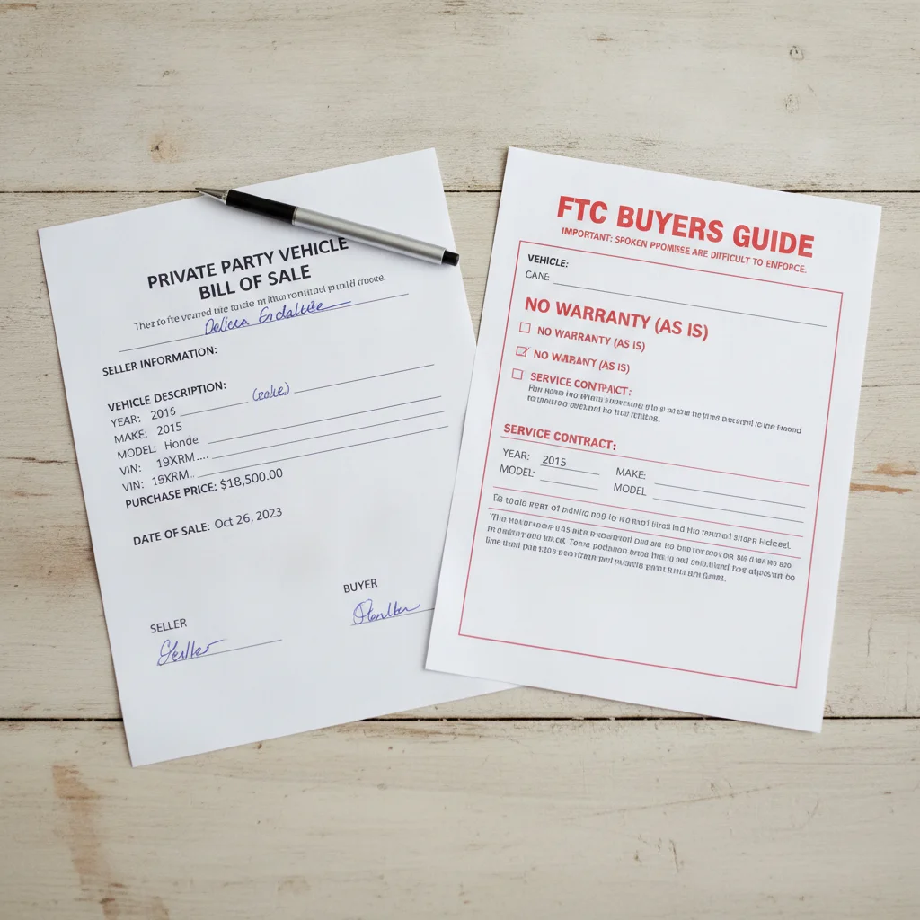 Private party bill of sale document next to an FTC Buyers Guide form on a table